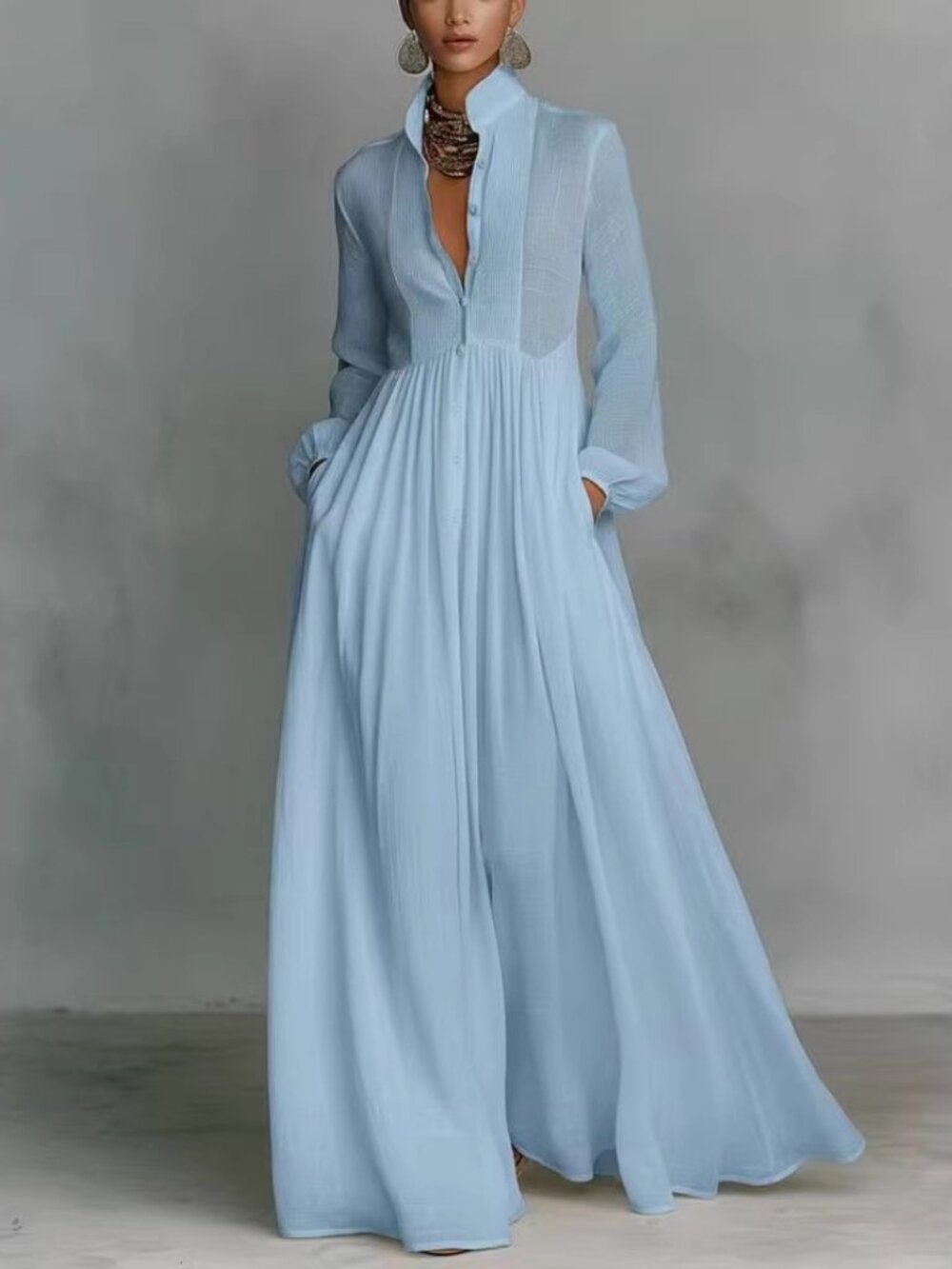 French-Style Long Sleeve Pleated A-Line Dress – Women’s Elegant Loose Fit Midi